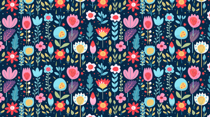 Wall Mural - Colorful seamless pattern with cute flowers and leaves on a dark blue background.