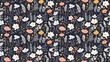 © FoxGrafy - A seamless pattern of various flowers and plants on a dark blue background.
