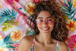© Kuo - Create a fashion portrait of a happy Hispanic woman wearing sunglasses, showcasing her style and personality, using a vibrant and colorful background to enhance the mood of the image.