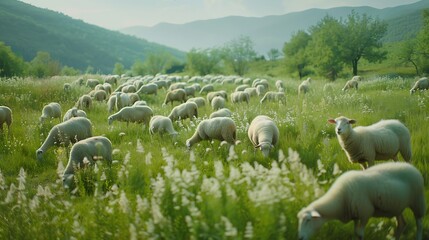 Wall Mural - A flock of sheep peacefully grazing in a lush green pasture, unaware of their sacred destiny on Kurban Bayrami