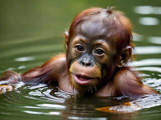 Close up of baby orangutan is swimming in water