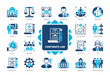 © Genestro - Corporate Law icon set. Regulations, Consumers, Jurisdiction, Investors, Corporation, Administration, Securities, Creditor. Duotone color solid icons