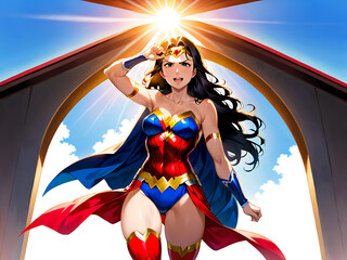the anime style of japanese wonder woman with sun rays