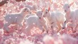 A group of playful baby goats frolicking around a blossoming cherry tree, their tiny hooves kicking up petals in the air