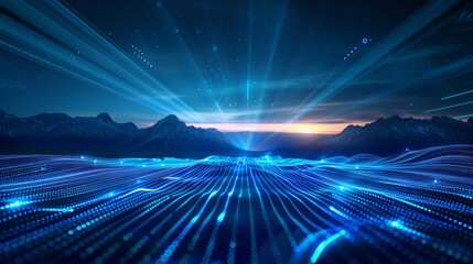 Wall Mural - futuristic background with blue glowing lines and mountain range in the distance, dark sky, light ra