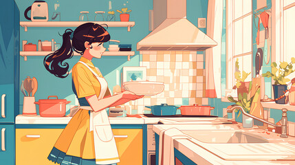 Canvas Print - young anime girl happy cooking in clean kitchen