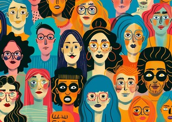 Poster - Diverse Group of Illustrated Faces with Bold Colors and Patterns