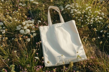 Wall Mural - Mockup of a white tote bag laying on grass, White cotton or mesh eco bag on green grass