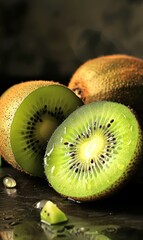 Wall Mural - Close-up of juicy, sliced kiwis with water droplets on a dark surface