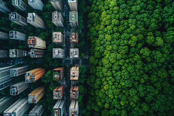 Wall Mural - An aerial view depicting city skyscrapers on one side and a lush green forest park on the other.

