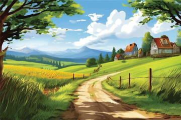 Wall Mural - Beautiful Farm landscape illustration. Rural landscape with field, trees, grass and agricultural fields. Environmentally friendly area with blue sky and clouds. Road to a farm.