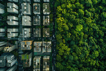 Wall Mural - An aerial view depicting city skyscrapers on one side and a lush green forest park on the other.

