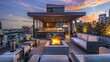 Modern urban rooftop lounge with fire pit, lounge seating, and panoramic skyline views.