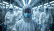 Silicon chip factory, clean room, midshot, workers in protective suits under blue lights