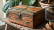 patch box inspired by nature, with a wooden exterior adorned with carved leaf motifs and painted with earthy tones, offering a whimsical and charming way to store and display small treasures.