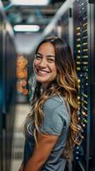 Wall Mural - Portrait of a smiling woman-technician, Programmer, IT specialist, Analyst in the server room. Software, cybersecurity, digital code, information modern technology concepts