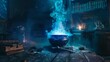 Witch's lair with bubbling cauldron and magical books in a dark, misty room.