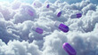 An ethereal scene featuring white and purple capsules floating amidst soft, white fluffy clouds, creating a dreamy and surreal atmosphere. The contrast between the capsules and the clouds adds depth 
