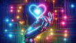 A robotic hand reaches for a luminous, holographic heart, merging concepts of technology and emotion in a neon circuitry universe.