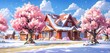 Cherry Blossoms Snowy Rooftops Winter Spring Transition Cozy Houses