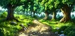 Enchanted Forest Pathway Sunlight Tranquil Nature Scenery Illustration