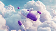 An ethereal scene featuring white and purple capsules floating amidst soft, white fluffy clouds, creating a dreamy and surreal atmosphere. The contrast between the capsules and the clouds adds depth 