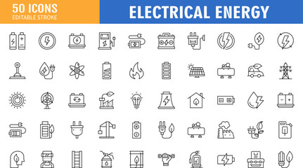 Set of 50 line icons related to energy, electrical energy, electricity. Outline icon collection. Vector illustration. Editable stroke