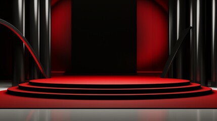 Wall Mural - Sleek, black minimalist podium with a red carpet backdrop,