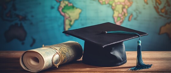Sticker - Graduation cap positioned beside a vintage globe, symbolizing readiness to take on the world,