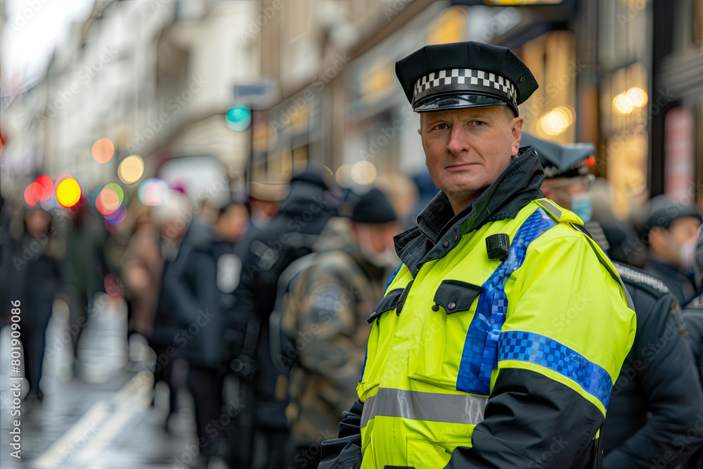 Police officer on duty on a city centre street during special event ...