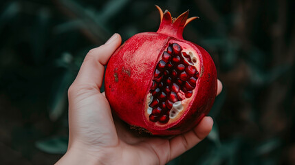 Wall Mural - A hand holding a red pomegranate with a slice missing