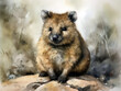 Watercolor painting of a quokka sitting on a rock in the forest