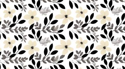 Wall Mural - A seamless pattern with hand drawn flowers and leaves in black, white and cream colors.