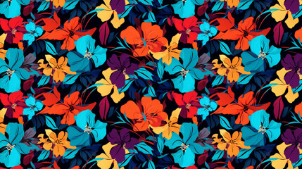 Canvas Print - Colorful floral seamless pattern with bright tropical flowers and leaves on dark blue background.