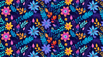 Wall Mural - vibrant seamless pattern of colorful flowers and leaves on a dark blue background