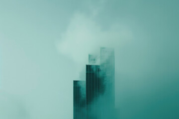 Wall Mural - A city skyline on a smoggy day, with skyscrapers shrouded in fog, and low visibility.

