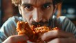Handsome young man eating fried chicken, closeup shot, focus on the crispy texture, ideal for targeting young adults in ads