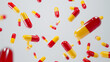 A high-quality photograph capturing red and yellow medicine capsules gracefully falling down against a light white studio background. The capsules are depicted mid-air, creating a dynamic and visually