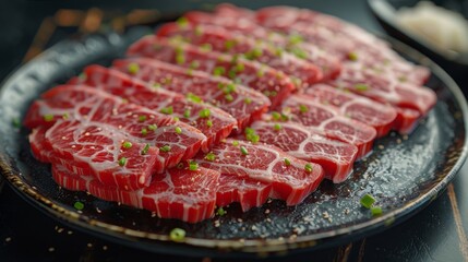 Sticker - In the center of the frame is a table, on which there is A plate of sliced beef, delicately plated, with a clear texture of the beef, red and white, looks appetizing, The picture has depth of field