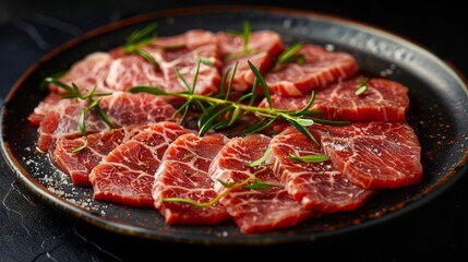 Sticker - In the center of the frame is a table, on which there is A plate of sliced beef, delicately plated, with a clear texture of the beef, red and white, looks appetizing, The picture has depth of field