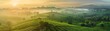 Aerial view of green tea fields at sunrise, misty and tranquil, perfect for organic tea farm or ecotourism ads