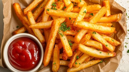 Wall Mural - Tasty french fries and ketchup, delicious food.