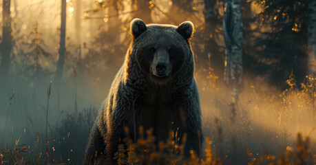 Wall Mural - Portrait of a bear standing in the middle of a foggy forest under the sunlight in the morning