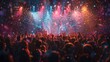 © Seksan - Hyperrealistic and cinematic portrayal of a night club with an animated audience, colorful stage lights, and air filled with confetti, in a panoramic view,