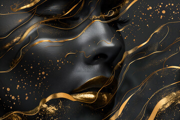 glamorous abstract minimalistic black with gold metallic fashion background with a woman's face