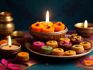 Wall Mural - Assorted sweet and snack on Happy Diwali Holiday background for light festival of India