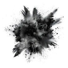 Dramatic Explosion Of Black Chalk Pieces And Powder, Isolated On White Background.