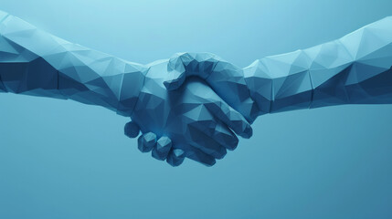 Geometric representation of a digital handshake in blue tones