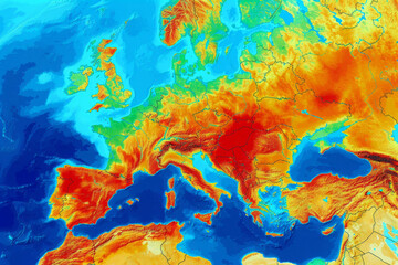 Wall Mural - satellite map illustrates the summer heat on the european continent world map with weather forecast 