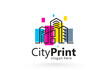 Logo City Print. СMYK Printing theme. Silhouette Buildings lines and squares style. Template design vector. White background.